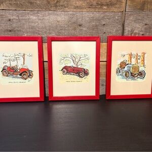 Vintage Car Art Print trio with Red Wooden Frames - 9” x 11”